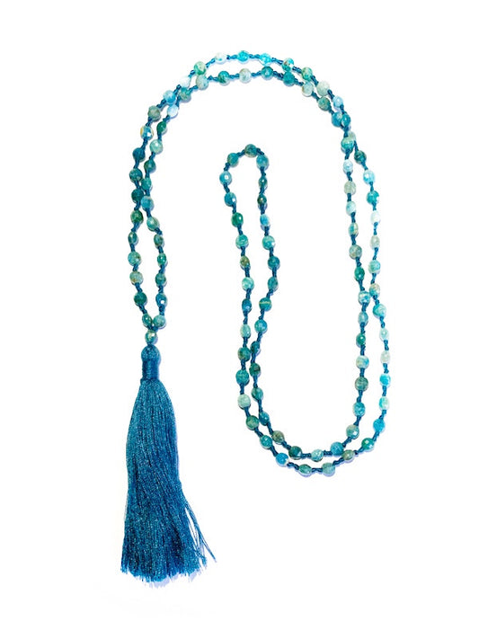Fine briolette diamond cut blue apatite 108 bead mala