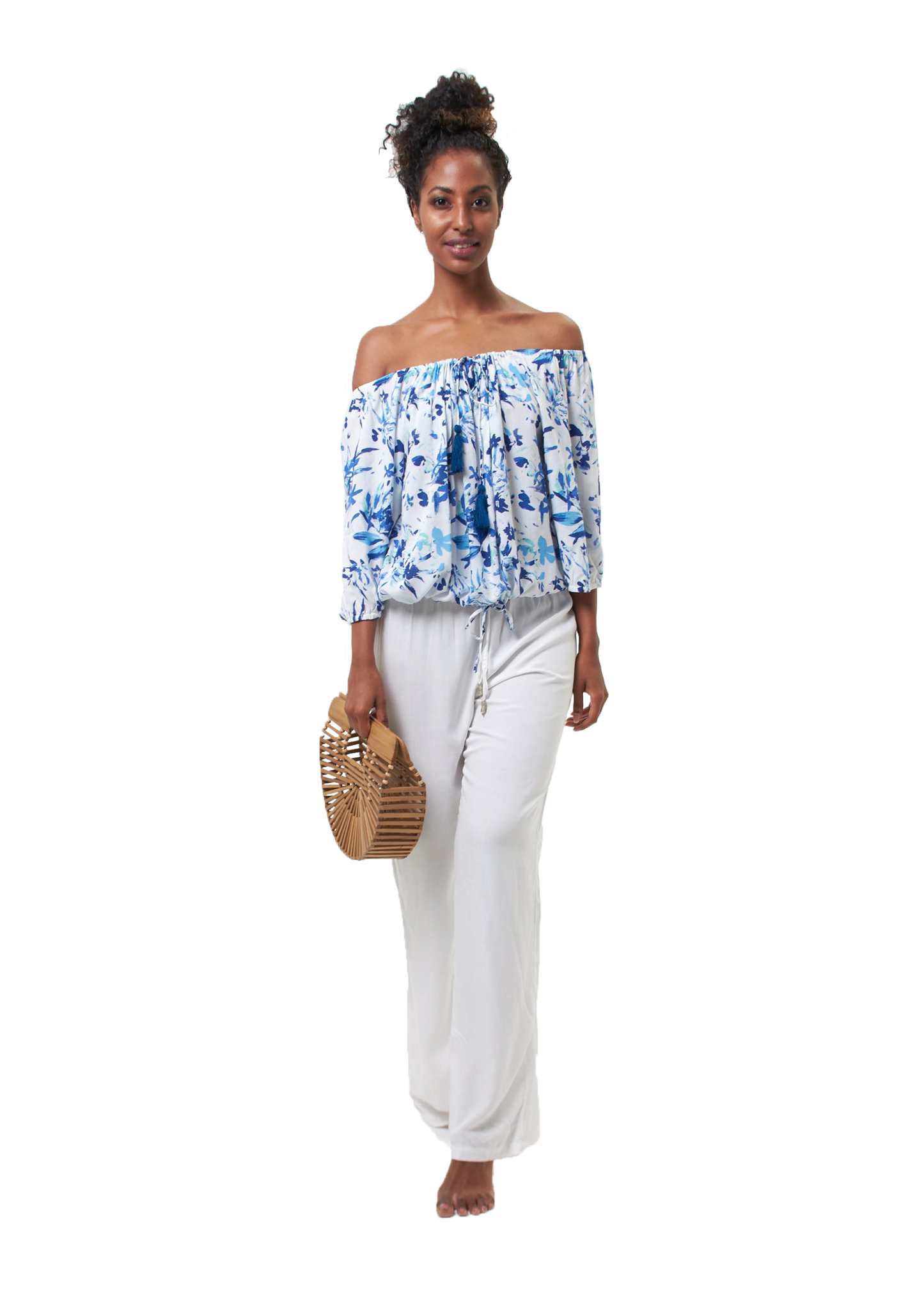 Long pants with bead detail on drawstring - white