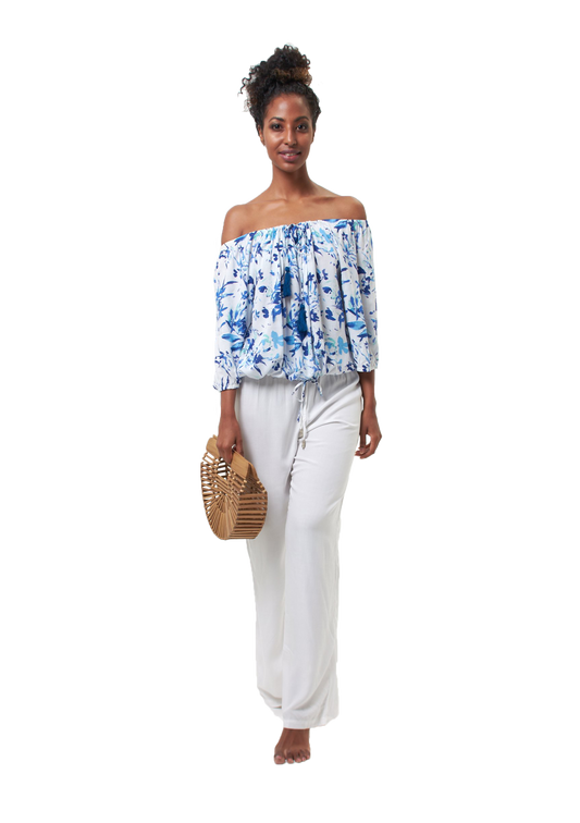 ❤Long pants with bead detail on drawstring - white
