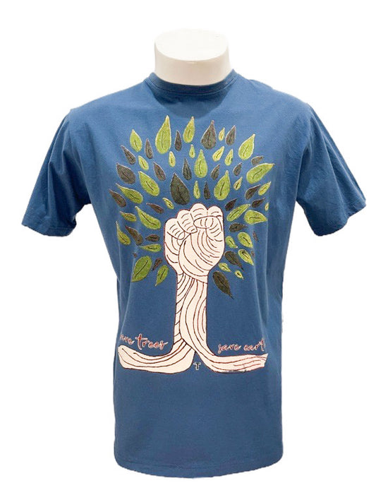 "Save the Tree" blue cotton tee shirt - Medium 55cm 1/2 chest