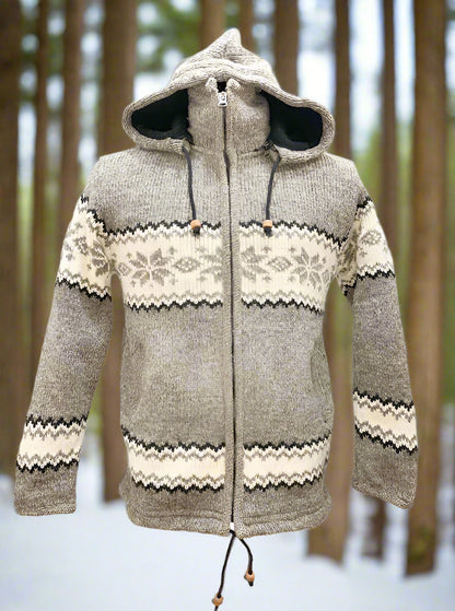 Grey, Cream and Black wool knitted jacket with zip, removable hoodie
