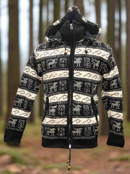 A wool zip through fleece lined hoodie featuring a black, grey, and cream reindeer pattern.
