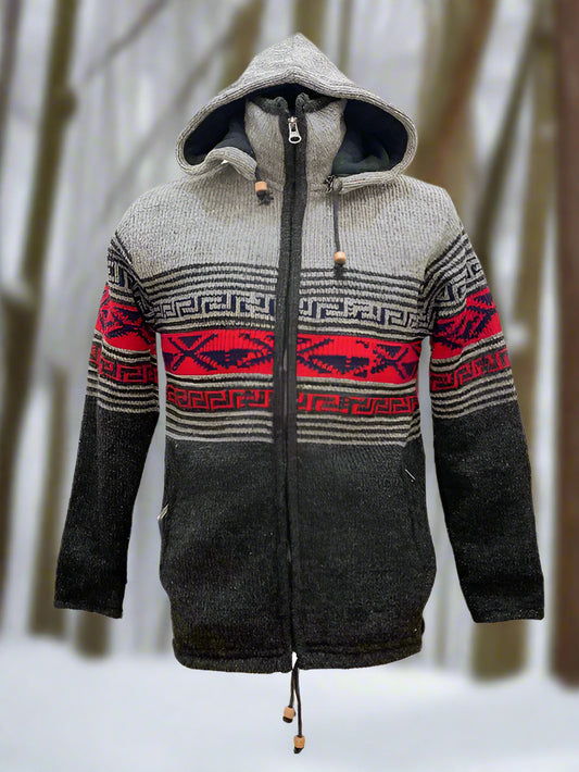 A wool zip through fleece lined hoodie with a black, grey, and red color scheme, featuring a hood with a drawstring, two outside pockets, and a zippered front.