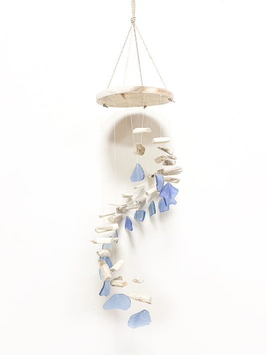 Driftwood and tumbled glass spiral mobile - 62cm