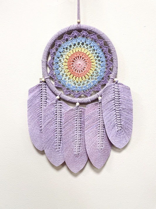 Crochet dreamcatcher with macrame leaves - width 22cm - various colours