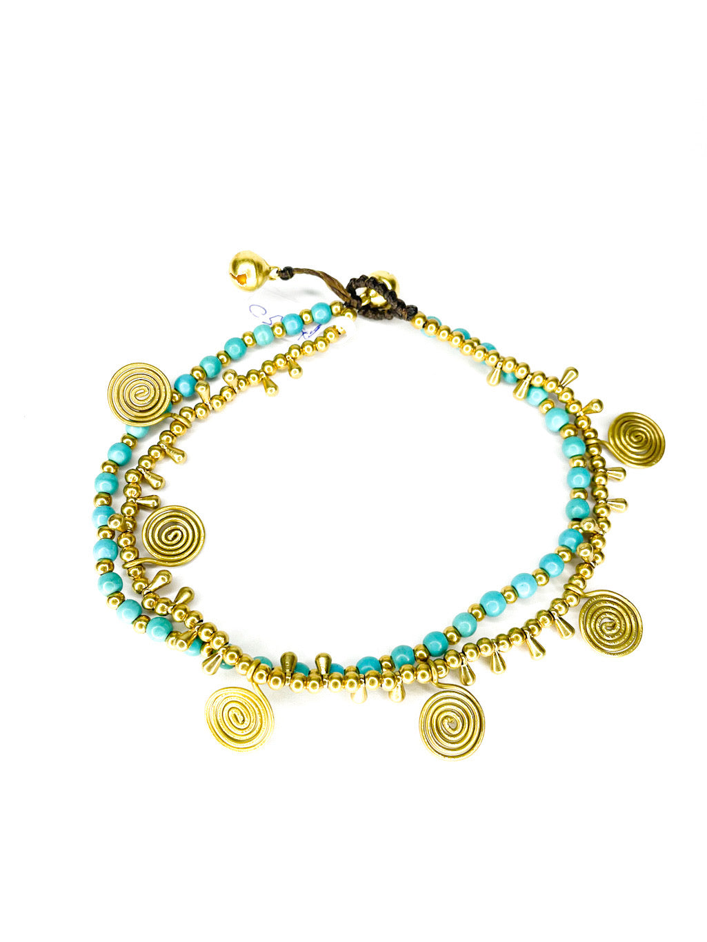 Stone and brass beaded double strand anklet with spiral detail - various colours