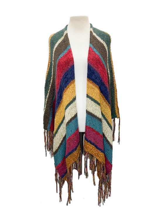 Striped open poncho cardigan with tassels