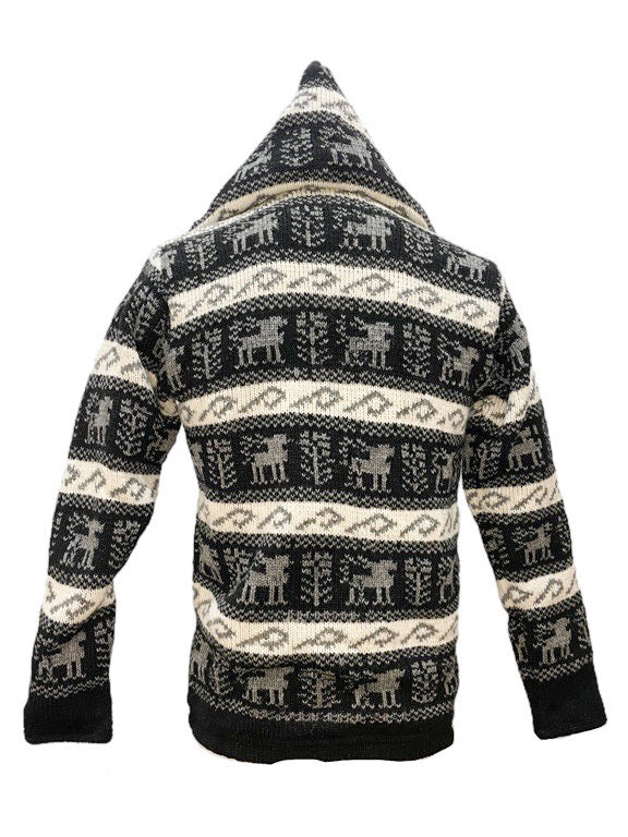 Wool Zip Through Fleece Lined Hoodie - Black, grey, cream reindeer