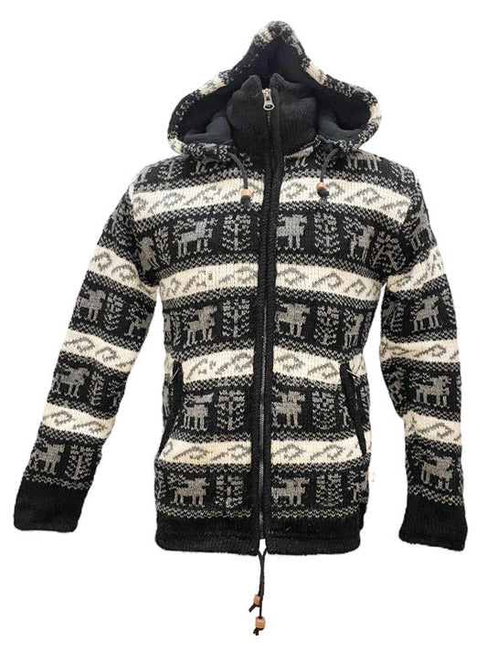 Wool Zip Through Fleece Lined Hoodie - Black, grey, cream reindeer