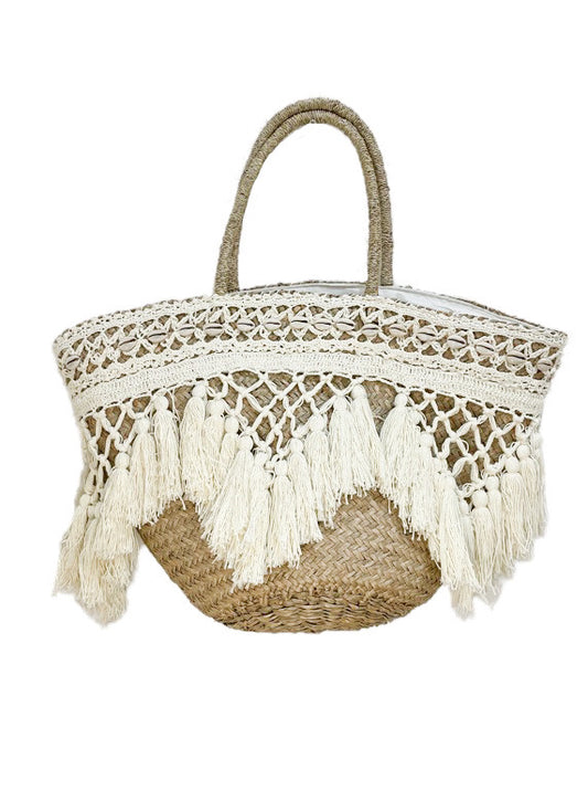 Basket with cowry shell and tassel trim
