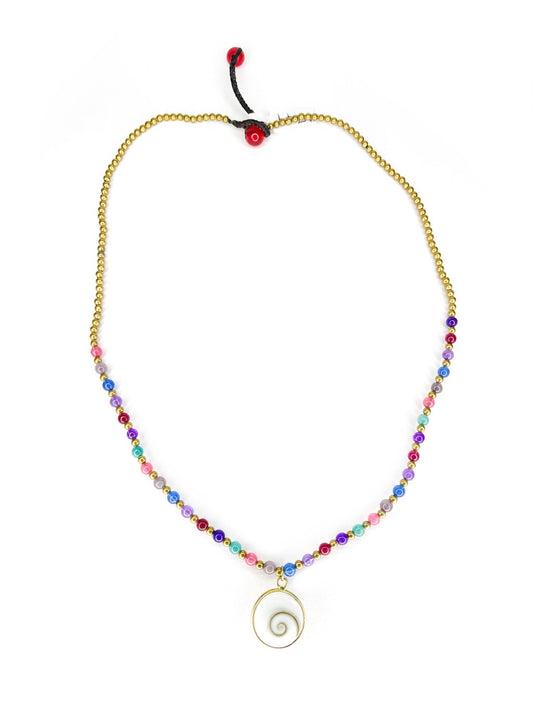 Stone and brass necklace with shell pendant - various colours