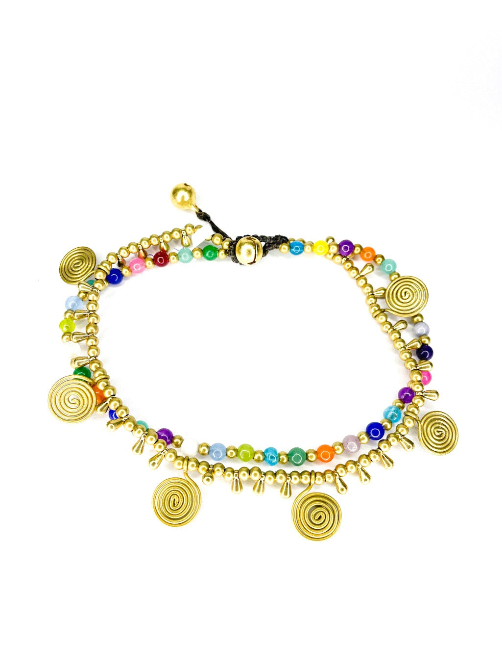 Stone and brass beaded double strand anklet with spiral detail - various colours