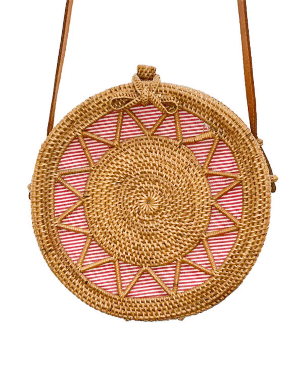 Rattan and leather bag with stripes inset