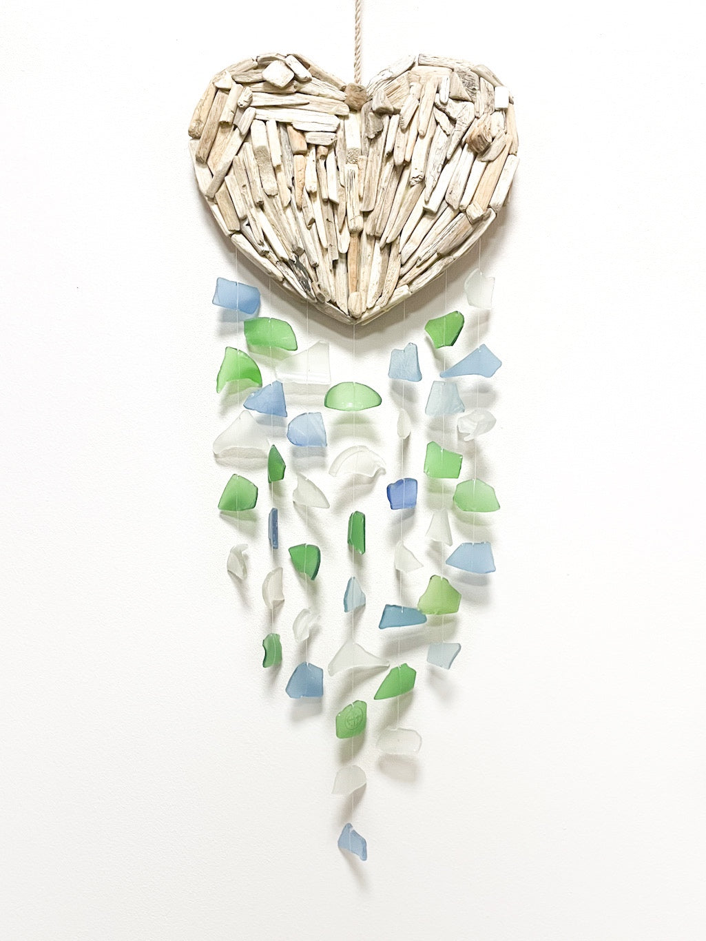 Driftwood and tumbled glass heart mobile - 72cm