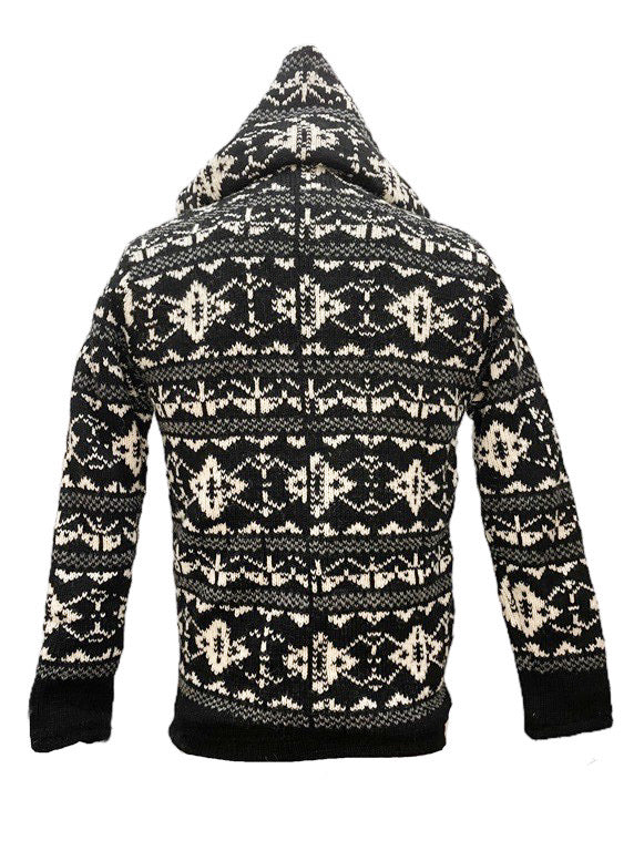 Wool Zip Through Fleece Lined Hoodie - Black, grey, cream geometric