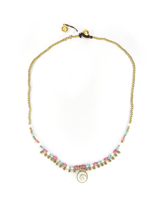 Stone and brass teardrop beaded necklace with shell pendant - various colours