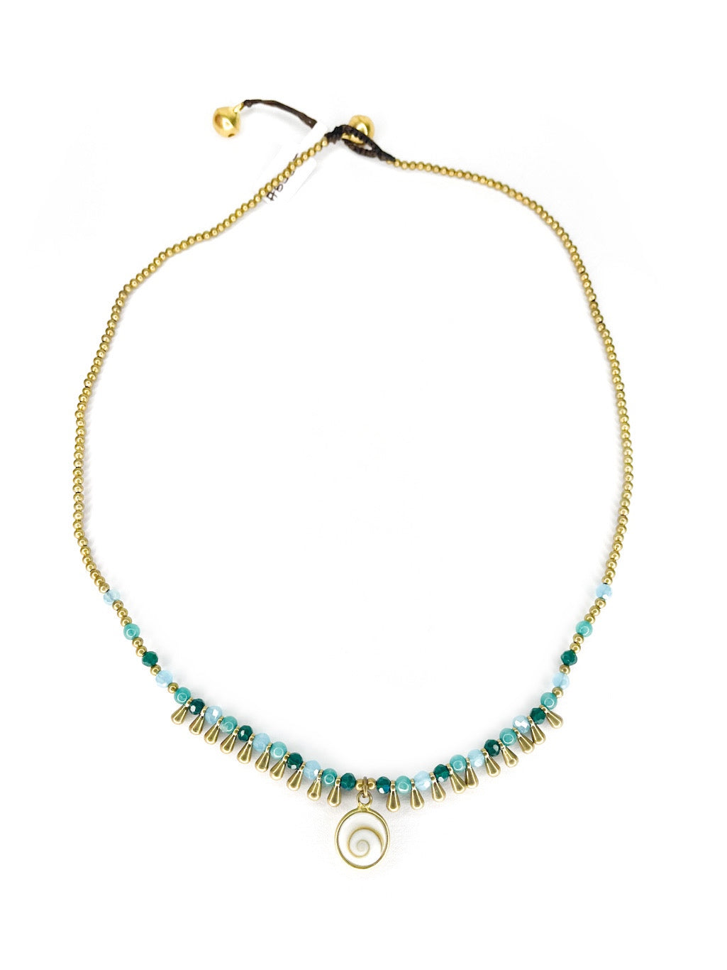 Stone and brass teardrop beaded necklace with shell pendant - various colours