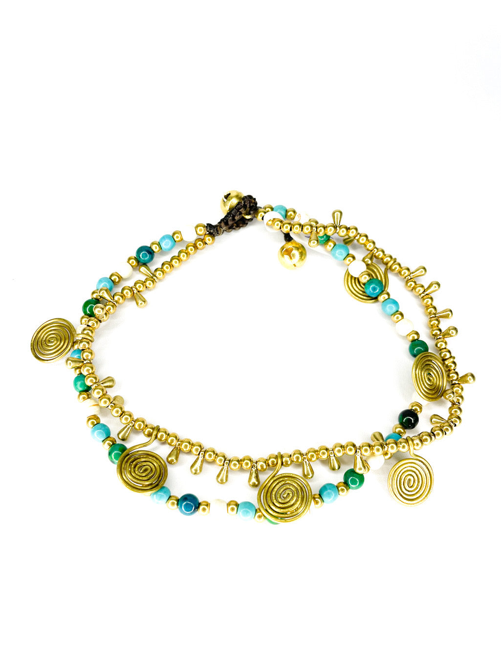 Stone and brass beaded double strand anklet with spiral detail - various colours