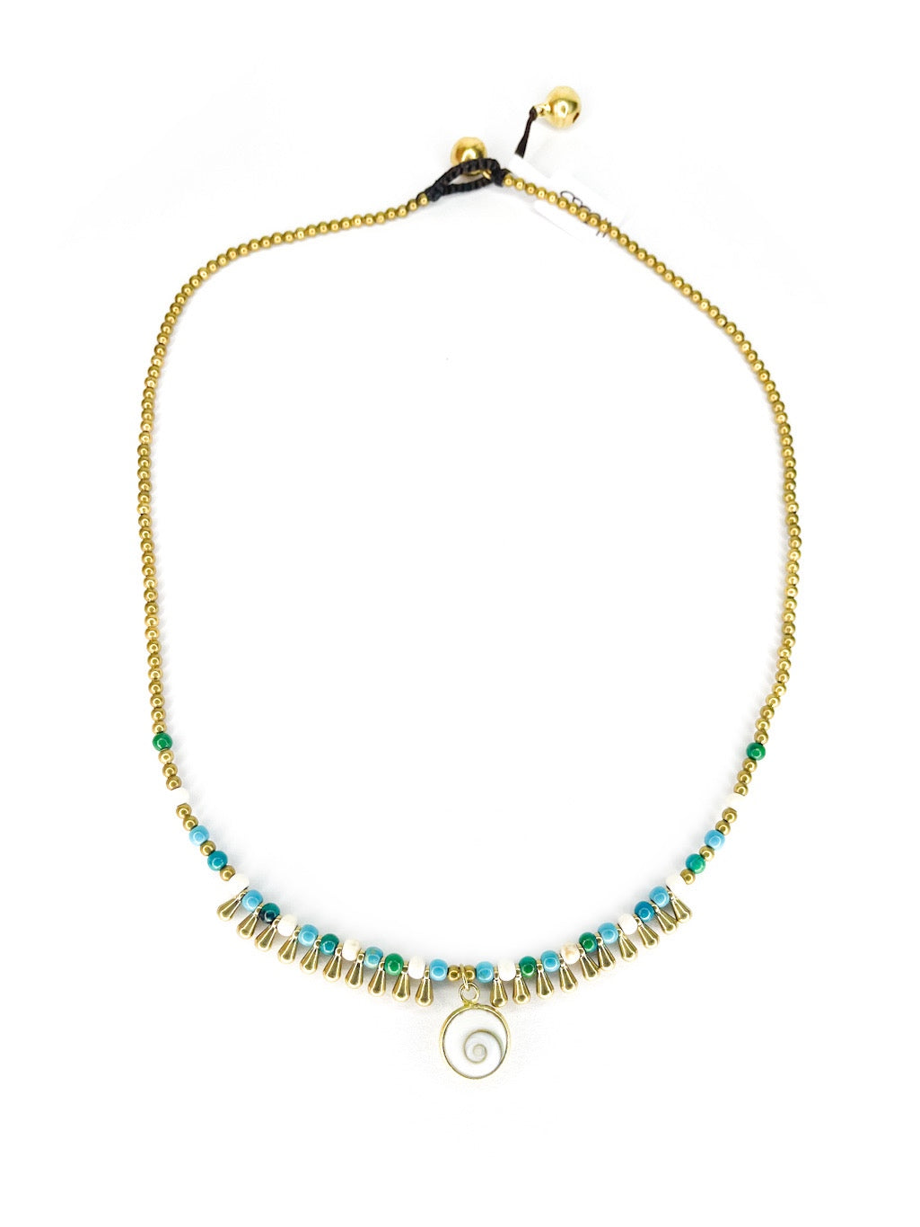 Stone and brass teardrop beaded necklace with shell pendant - various colours