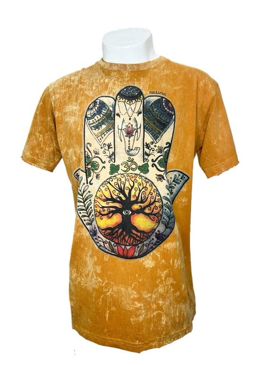 "Hamsa Tree of Life" mustard cotton tee shirt - Large 56cm 1/2 chest