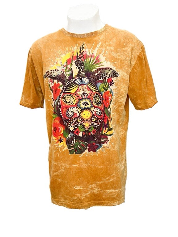 "Flower Turtle" Mustard cotton tee shirt  - X-large 58cm 1/2 chest