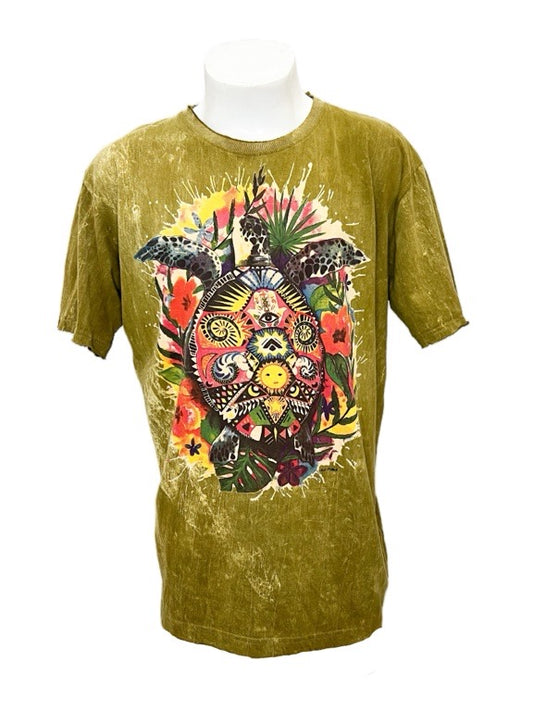 "Flower Turtle" Chartreuse cotton tee shirt  - X-large 58cm 1/2 chest