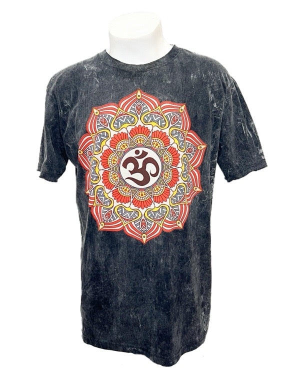 "Om Mandala" Black cotton tee shirt  - X-large 58cm 1/2 chest