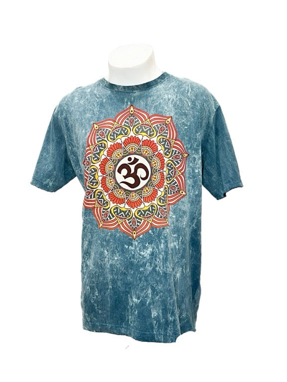 "Om Mandala" Blue cotton tee shirt  - X-large 58cm 1/2 chest