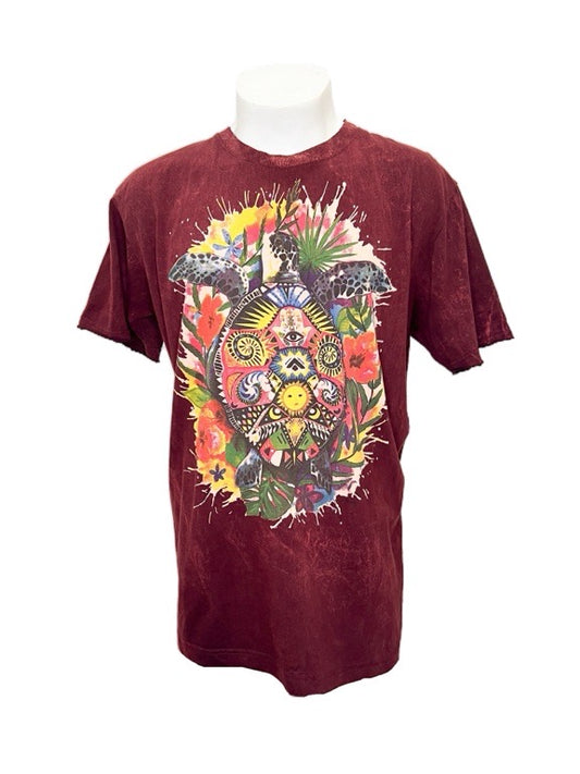 "Flower Turtle" Maroon cotton tee shirt  - X-large 58cm 1/2 chest