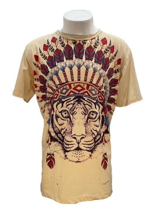 "Lion" beige cotton tee shirt  - large 58cm 1/2 chest