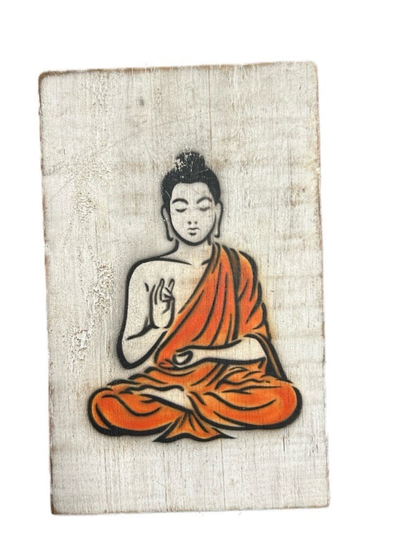 Painting of a seated figure in orange robes on a textured beige background