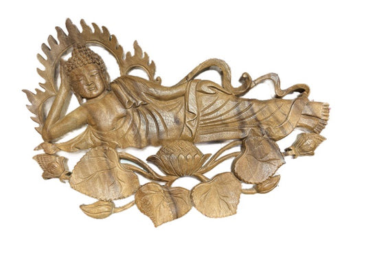 Decorative wall art of a reclining Buddha with floral elements on a white background