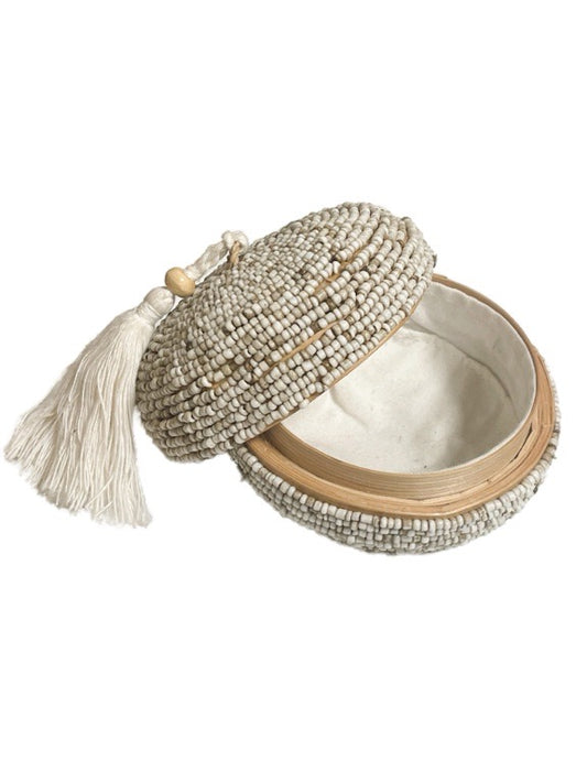 ❤Round Cream & Brown beaded bamboo jewellery box