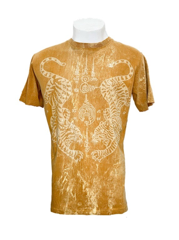 "Tigers" mustard cotton tee shirt - medium 1/2 chest 54cm