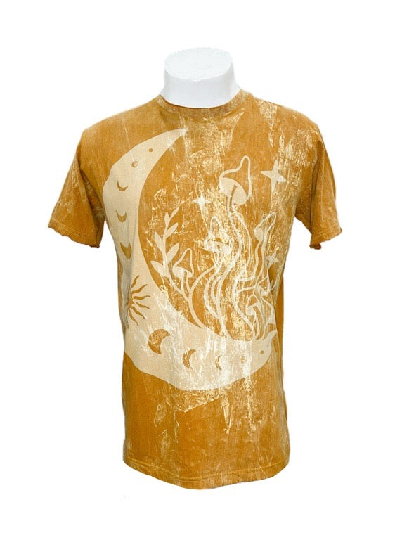 "Moon phases" mustard cotton tee shirt - medium 1/2 chest 54cm