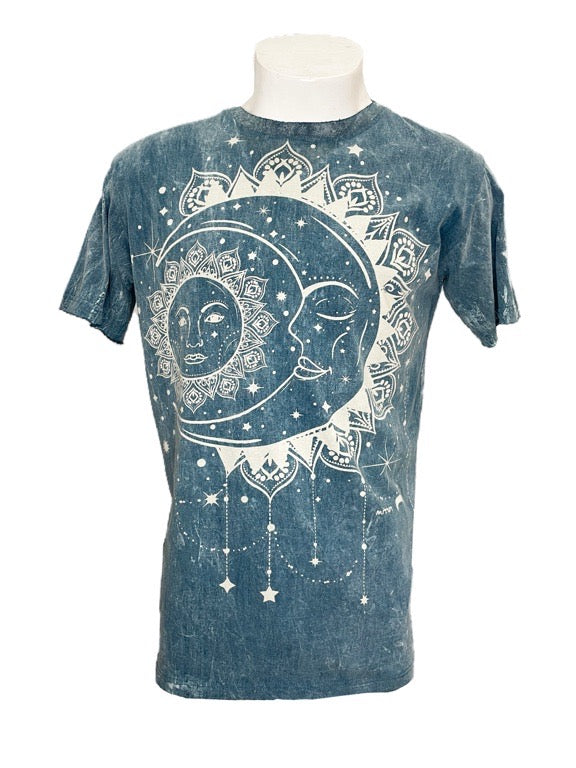 "Sun & Moon" blue cotton tee shirt - medium 1/2 chest 54cm