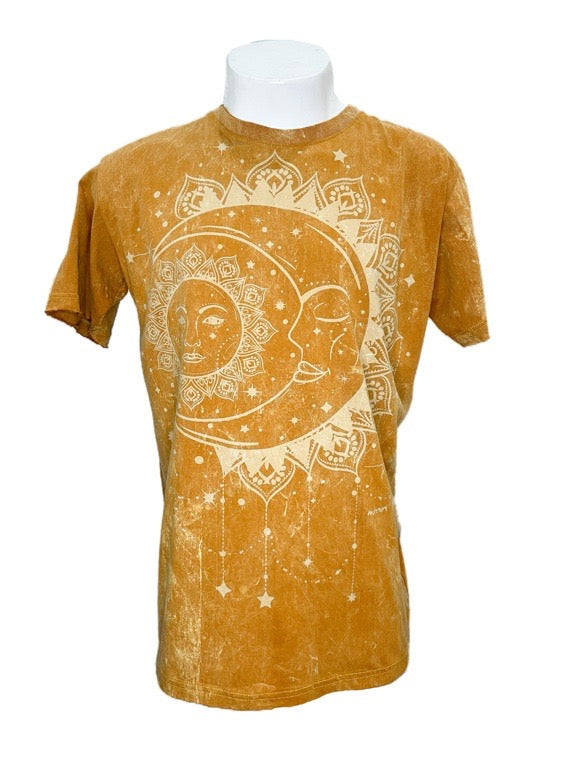 "Sun & Moon" mustard cotton tee shirt - medium 1/2 chest 54cm