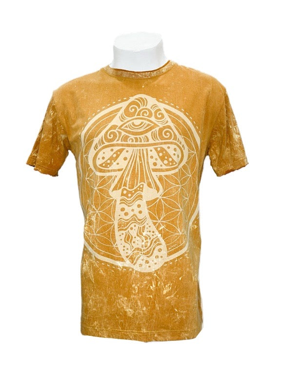 "Mushroom" mustard cotton tee shirt - Large 56cm 1/2 chest