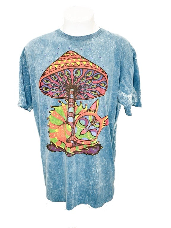 "Mushroom Colour print " Blue cotton tee shirt - 2XL, 3X-Large 65cm 1/2 chest