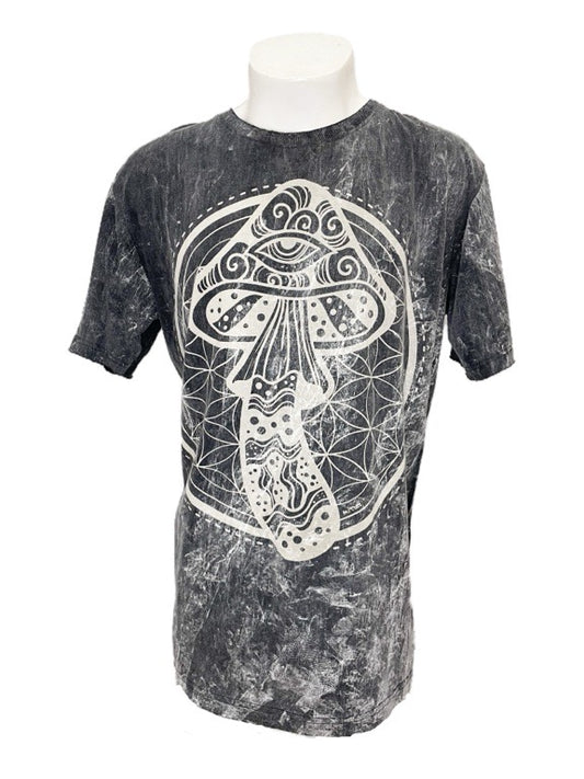 "Mushroom Colour Print " Black cotton tee shirt - X-Large 58cm 1/2 chest