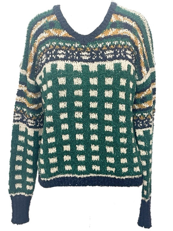 ❤Emerald, gold, cream & navy soft Boucle-knit v-neck jumper