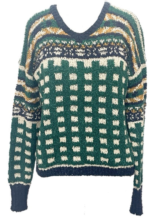 ❤Emerald, gold, cream & navy soft Boucle-knit v-neck jumper