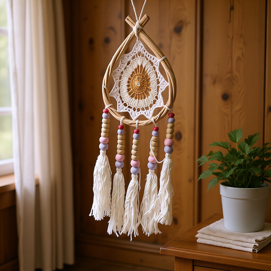Drop shaped crochet and wooden bead dream catcher