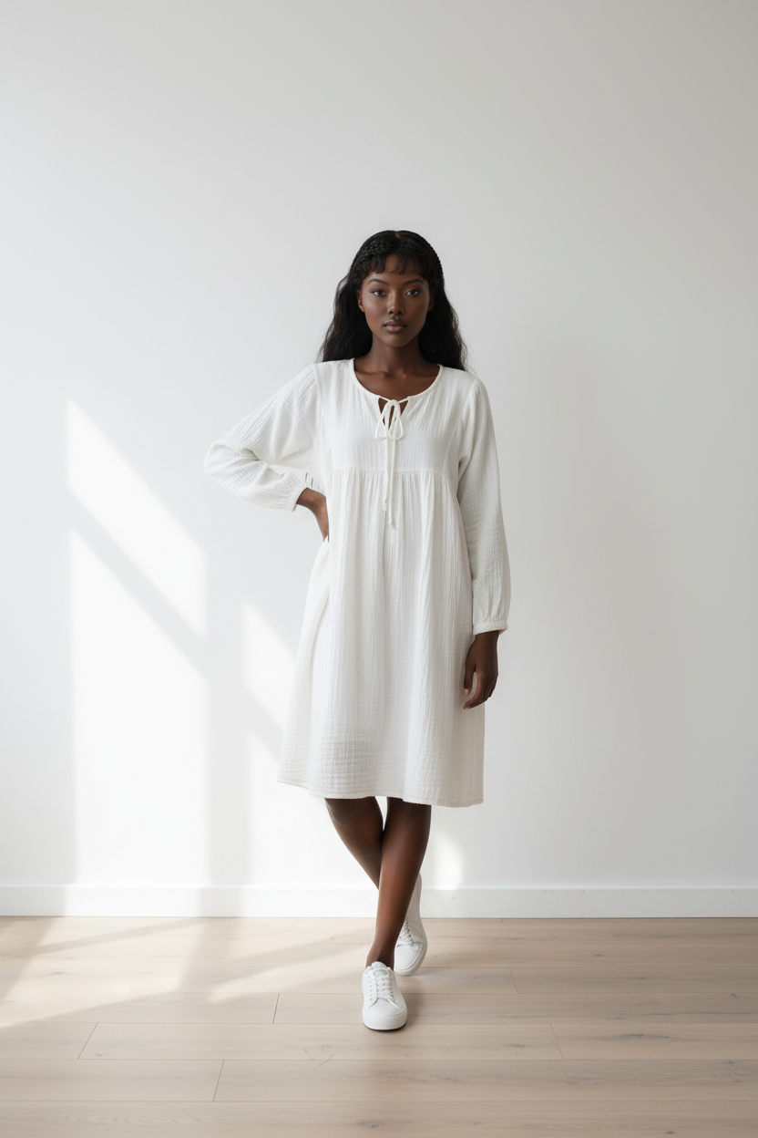 Cotton oversized round neck dress with neck ties
