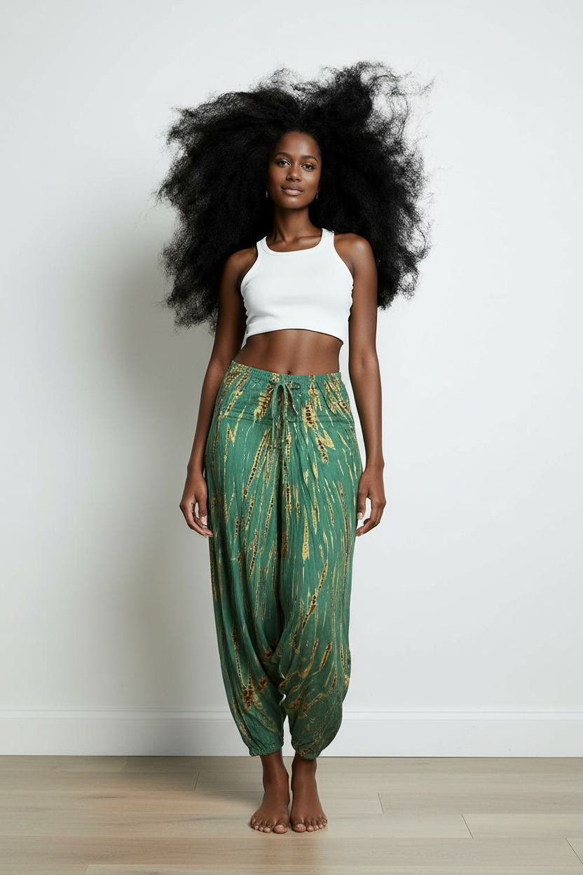 Woman wearing a white top and green tie-dye pants against a plain background