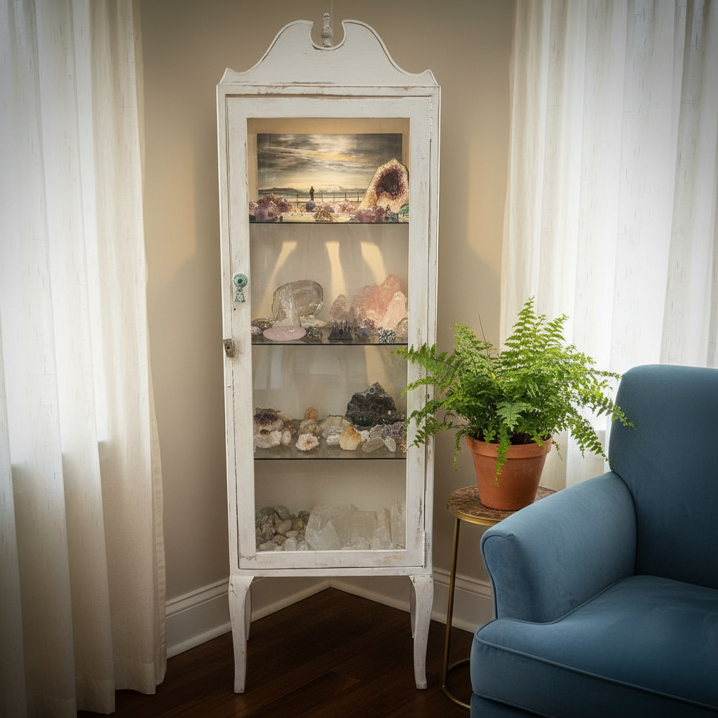 White display cabinet with decorative items next to a blue armchair and potted plant.