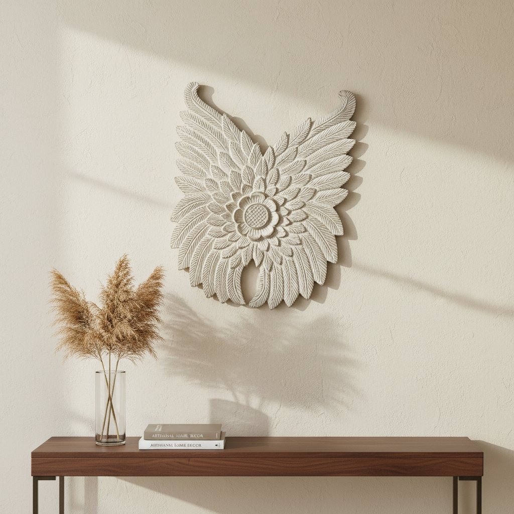 Decorative wall art on a beige wall with a wooden console table below.