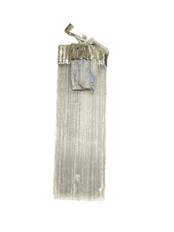 Silver pendant with a textured design on a white background