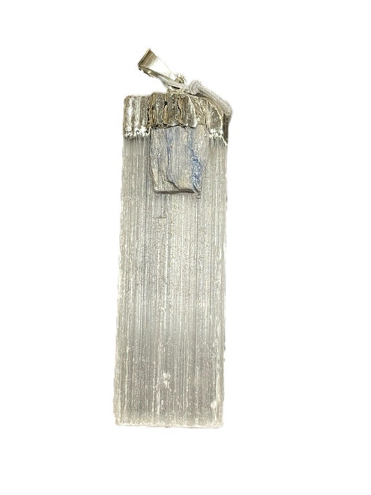 Silver pendant with a textured design on a white background