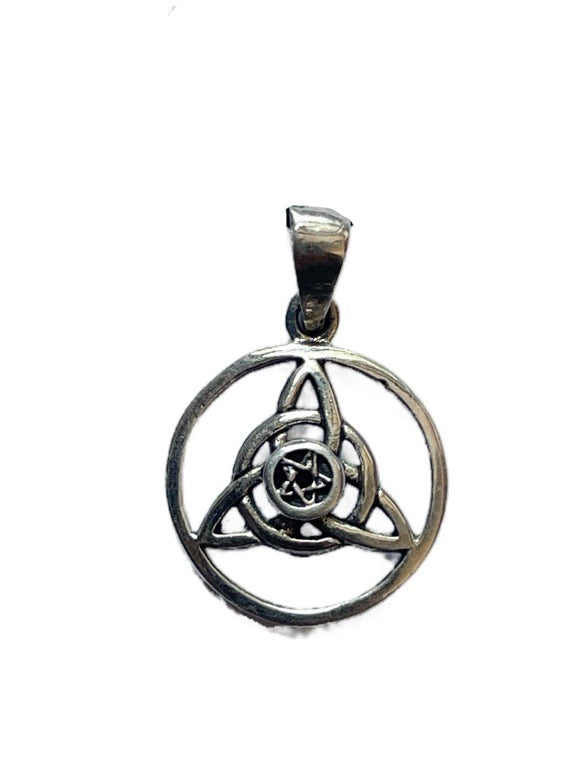 Silver Trinity knot pendant on a white background